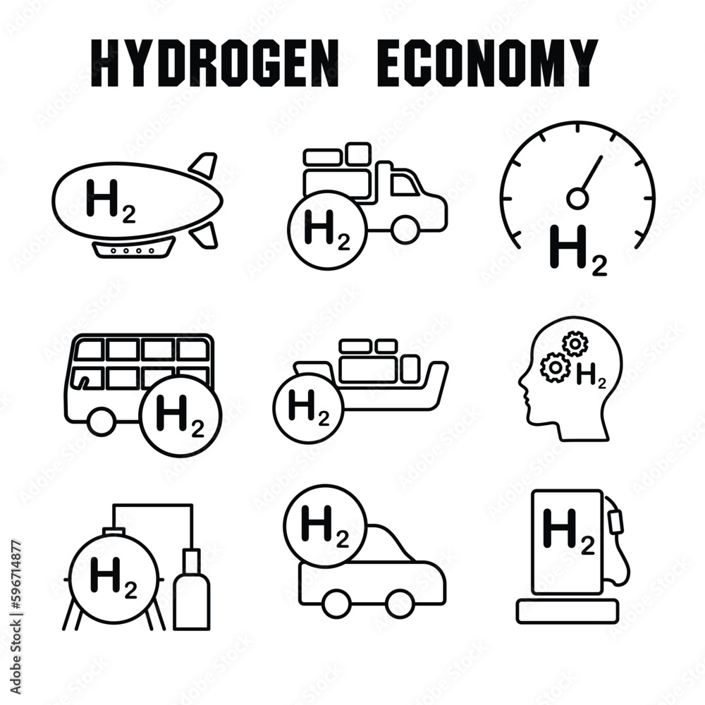 Hydrogen economy vector illustration. Concept with connected icons related to hydrogen use as fuel, in industrial processes, hydrogen storage and transport Hydrogen economy vector illustration. Concept with connected icons related to hydrogen use as fuel, in industrial processes, hydrogen storage and transport