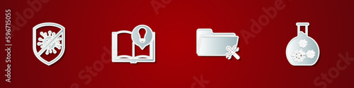 Set Stop virus, bacteria, Interesting facts, Folder service and Test tube with icon. Vector
