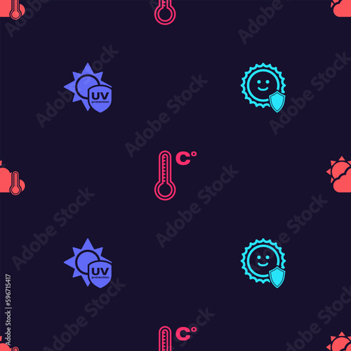 Set UV protection, , Meteorology thermometer and Thermometer and cloud, sun on seamless pattern. Vector