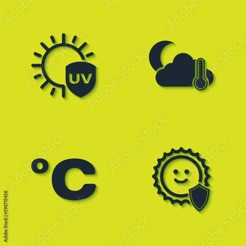 Set UV protection, , Celsius and Thermometer and cloud, moon icon. Vector