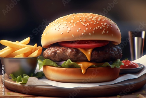 Cheeseburger 3D illustration with french fries and salad. Generative AI illustration