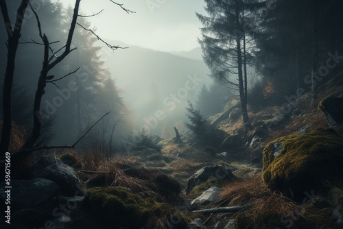 Foggy woodland scenery on mountain with trees. 4k background. Generative AI © Xiomara