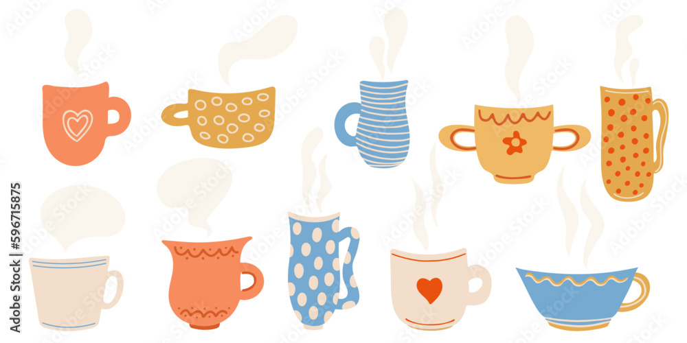 Set of decorative mugs and cups. Hand drawn flat vector illustration isolated on white. Set of decorative mugs and cups. Hand drawn flat vector illustration isolated on white.