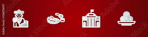 Set Bullfight, matador, Churros and chocolate, Prado museum and Olives on plate icon. Vector