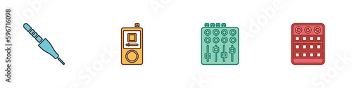 Set Audio jack, Music player, Sound mixer controller and Drum machine icon. Vector