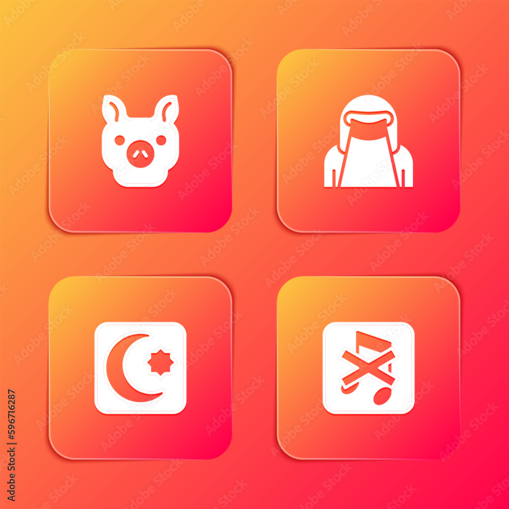 Set Pig, Muslim woman in niqab, Star and crescent and Speaker mute icon. Vector Set Pig, Muslim woman in niqab, Star and crescent and Speaker mute icon. Vector