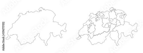 Switzerland map set with white-black outline and administration regions.