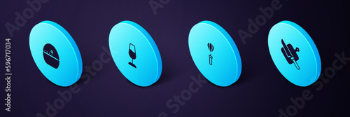 Set Isometric Cutting board and knife, Kitchen whisk, Wine glass and timer icon. Vector