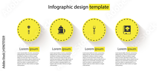 Set Kitchen whisk, French press, Barbecue fork and Cookbook. Business infographic template. Vector