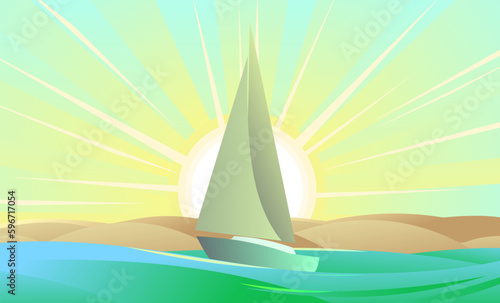 Sailing yacht white. Sand near shore. Morning sunrise with rays. Shore of sand beach of sea bay. Sunset on horizon. Small sea vessel. Rides on waves. Quiet weather. Cartoon fun style. Flat design