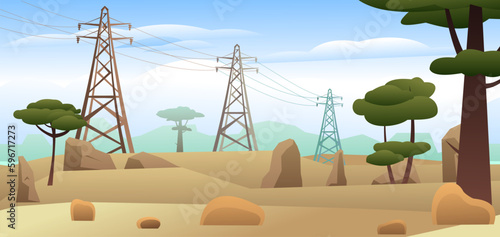 High voltage power line. Sand and stones semi-desert. Rocky desert with acacia trees. Energy supply. Metal frame poles support wires. Desert among stones and sand. Africa acacia. Vector
