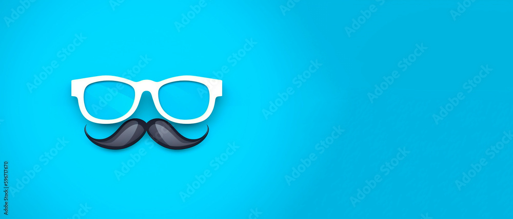 Retro hipster, mustache and glasses on blue background with copy space for text. generative ai.