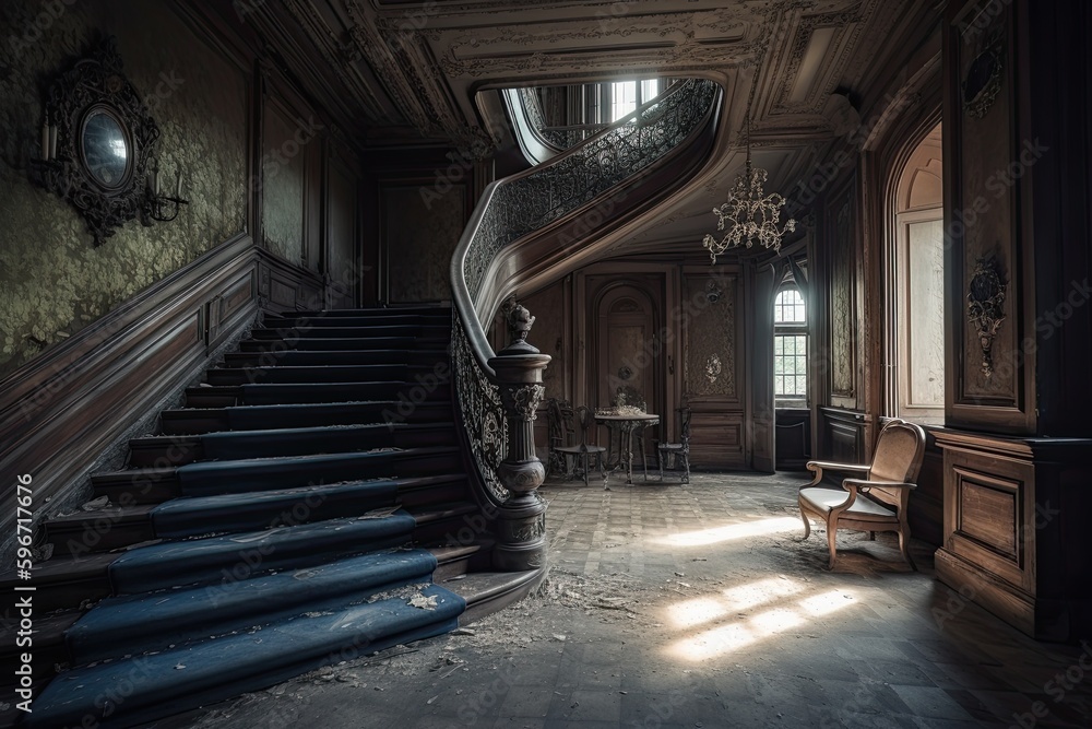 Abandoned Manor Carries Old Resident's Evil Nightmare: Dare to Enter the Dilapidated, Haunted and Luxury Home. Generative AI