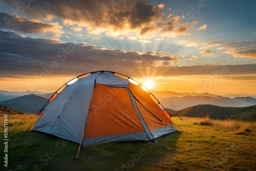 Tourist tent in mountains at beautiful sunset. Created with Generative AI technology