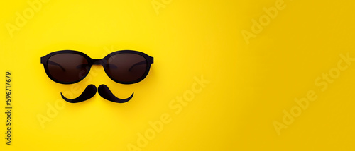 Retro hipster, mustache and sunglasses on yellow background with copy space for text. generative ai.