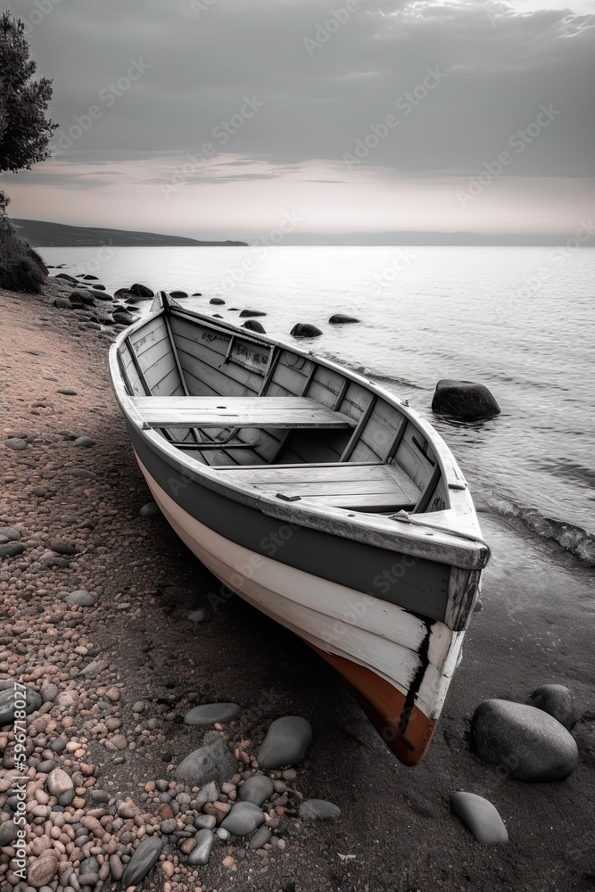 Staring out to Sea: A Minimalist Boat on the Horizon. Generative AI