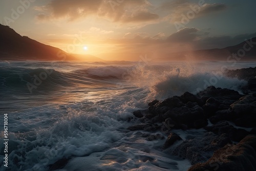 Revel in Nature's Splendor: Witness the Majestic Sunset Over an Expansive Sea, Greeted with a Stunning Wave Collapsing on the Beach. Generative AI