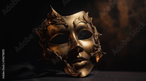 Theatrical Performance Readied: Bronze Golden Mask on Dark Wall Banner, Stage Light Awaiting Actor, Generative AI