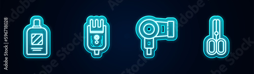 Set line Bottle of shampoo, Electrical hair clipper or shaver, Hair dryer and Scissors hairdresser. Glowing neon icon. Vector