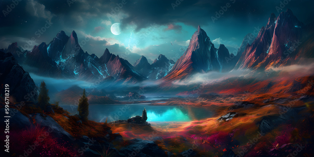 landscape with clouds, dark sunset over landscape oil painting with giant snow covered mountain in the background and lush forest with waterfalls in the foreground, Generative AI