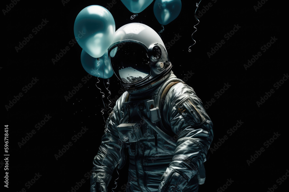 Naklejka premium Astronaut in space with balloons. Spiral galaxy in deep space. Solar system exploration. Birthday