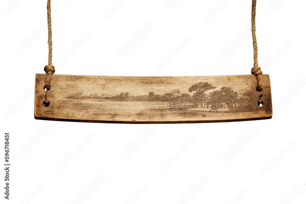 Wooden sign plain hanging from rope isolated on white background. Created with Generative AI Technology Wooden sign plain hanging from rope isolated on white background. Created with Generative AI Technology