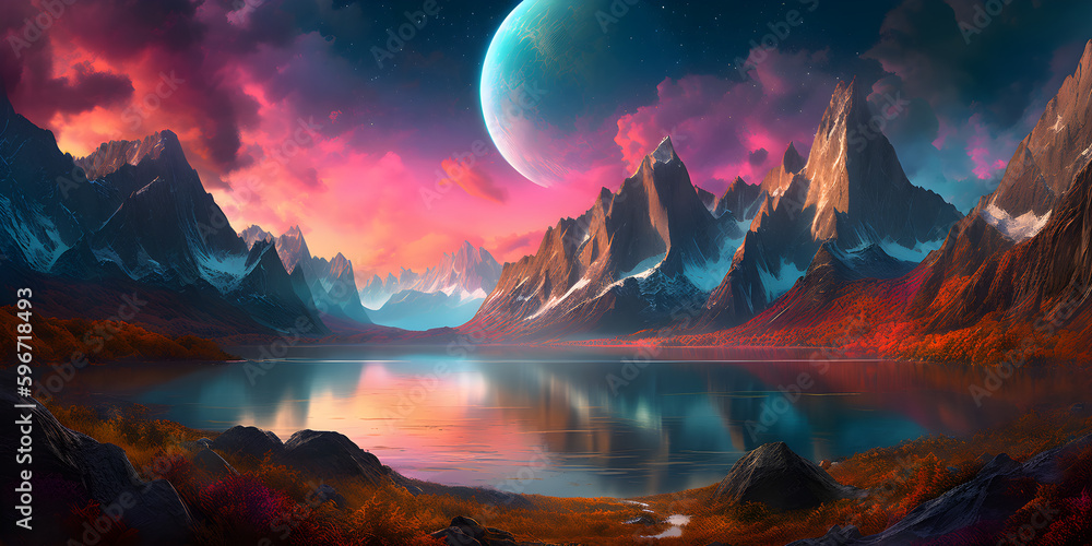 sunset over the lake, dark sunset over landscape oil painting with giant snow covered mountain in the background and lush forest with waterfalls in the foreground, Generative AI
