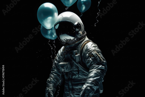 Astronaut in space with balloons. Spiral galaxy in deep space. Solar system exploration. Birthday