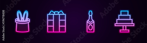Set line Magician hat and rabbit ears, Gift box, Champagne bottle and Cake. Glowing neon icon. Vector