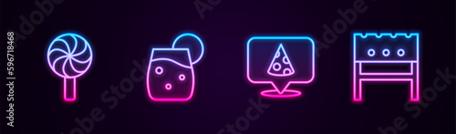 Set line Lollipop, Cocktail, Slice of pizza and BBQ brazier. Glowing neon icon. Vector