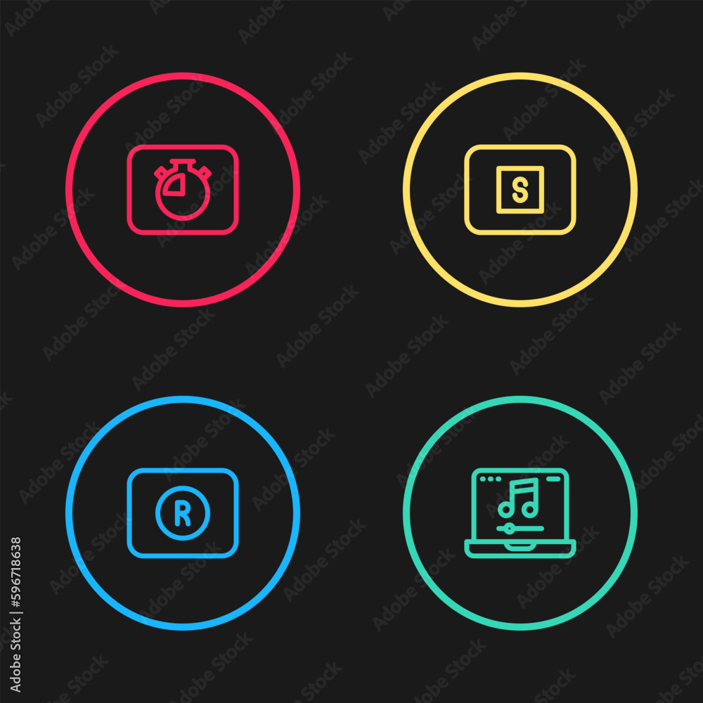 Set line Record button, Laptop with music, Stop media and Stopwatch icon. Vector Set line Record button, Laptop with music, Stop media and Stopwatch icon. Vector