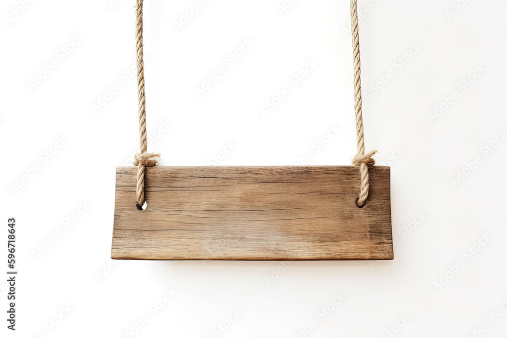 Wooden sign plain hanging from rope isolated on white background. Created with Generative AI Technology Wooden sign plain hanging from rope isolated on white background. Created with Generative AI Technology