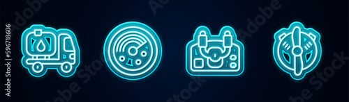 Set line Fuel tanker truck, Radar with targets on monitor, Aircraft steering helm and Plane propeller. Glowing neon icon. Vector