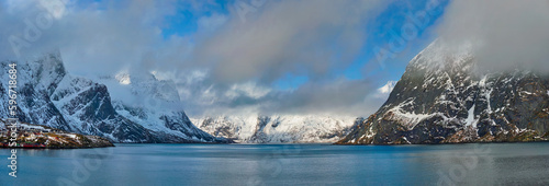 Norwegian fjord and mountains in winter. Lofoten islands, Norway