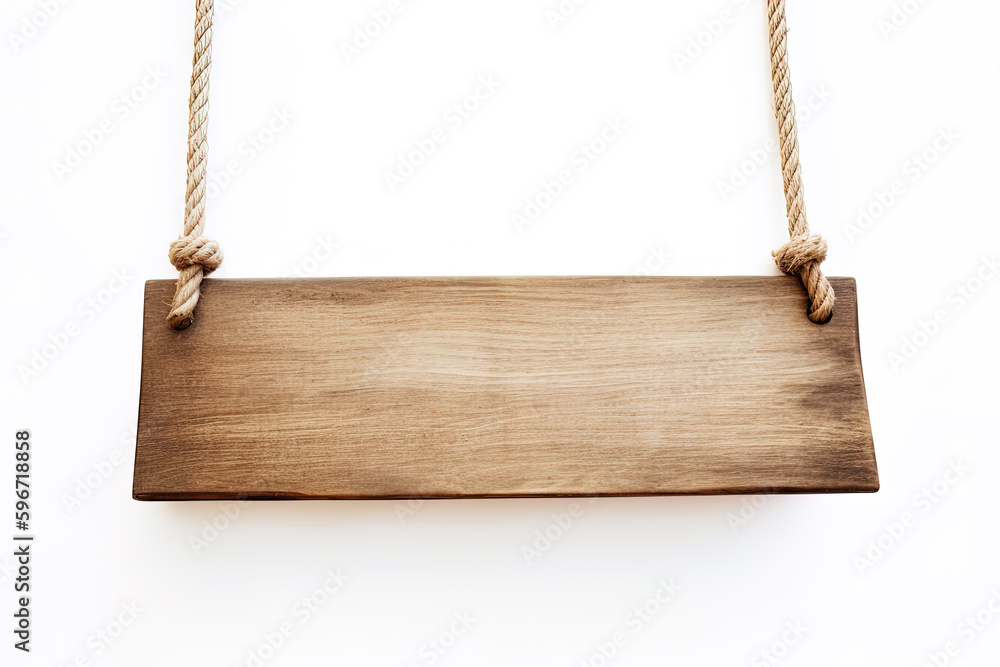 Wooden sign plain hanging from rope isolated on white background. Created with Generative AI Technology Wooden sign plain hanging from rope isolated on white background. Created with Generative AI Technology