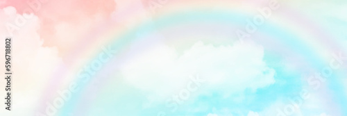 Panorama view magic rainbow fantasy cloud background fluffy sky white landscape with sunny rays. Pastel colors dreams unicorn concept