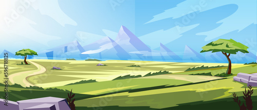 landscape, savannah, day yellow-green shades, the sun is shining, mountains covered with haze can be seen in the distance