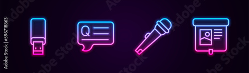 Set line USB flash drive, Speech bubbles with Question, Microphone and Projection screen. Glowing neon icon. Vector