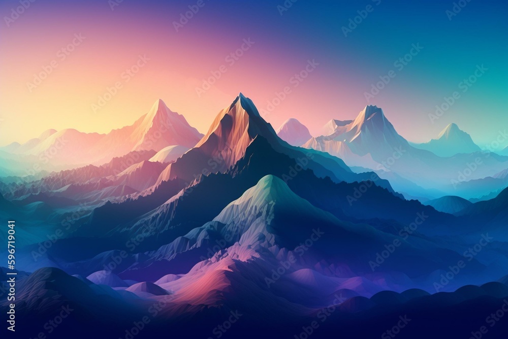 A gradient abstract mountain illustration with blue, purple and cream colors, combined. Generative AI