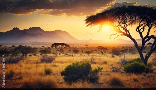 Fotografie, Obraz A majestic and serene African savanna with lush generative ai