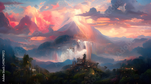 sunrise in the mountains  dark sunset over landscape oil painting with giant snow covered mountain in the background and lush forest with waterfalls in the foreground  Generative AI