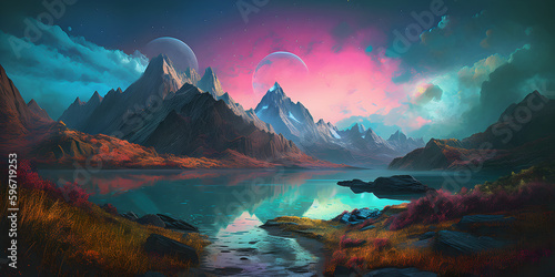 sunrise over lake, dark sunset over landscape oil painting with giant snow covered mountain in the background and lush forest with waterfalls in the foreground, Generative AI