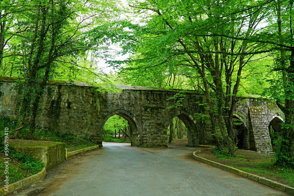 View of historical Aqueduct called Kurt Kemeri in Kemerburgaz, Istanbul, Turkey.