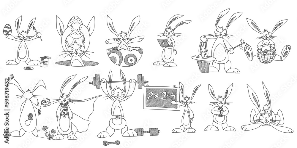 sketch rabbits funny characters. stock picture new