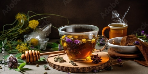 Steaming cup of herbal tea with a hint of honey, with various medicinal plants, invoking the soothing properties of home medicine, concept of Natural Remedies, created with Generative AI technology