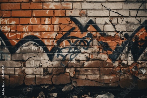 A worn-out wall with cracks and graffiti. Generative AI