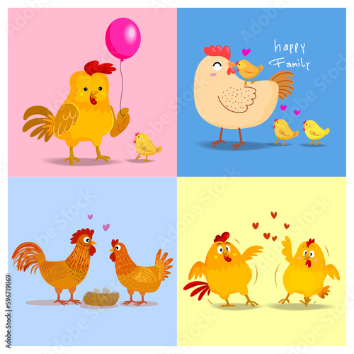 Set of chicken hen rooster icon character hand drawn vector illustration. Pet poultry farm animal symbol.