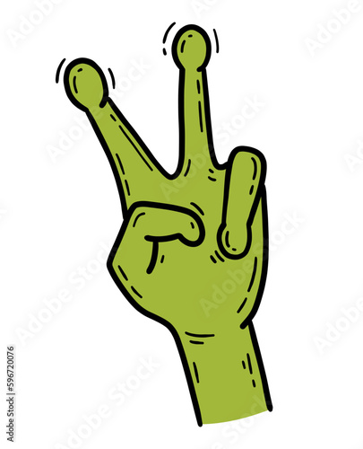 Alien hand with V sign gesture, peace sign in doodle cartoon style