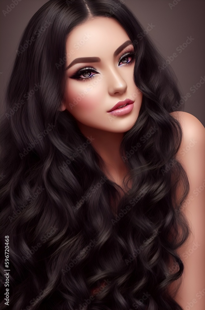 Fototapeta premium Beautiful black-haired girl with a perfectly curls hair. Ai Generated