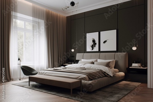 Sophisticated and contemporary bedroom with refined features. Generative AI © Isolde